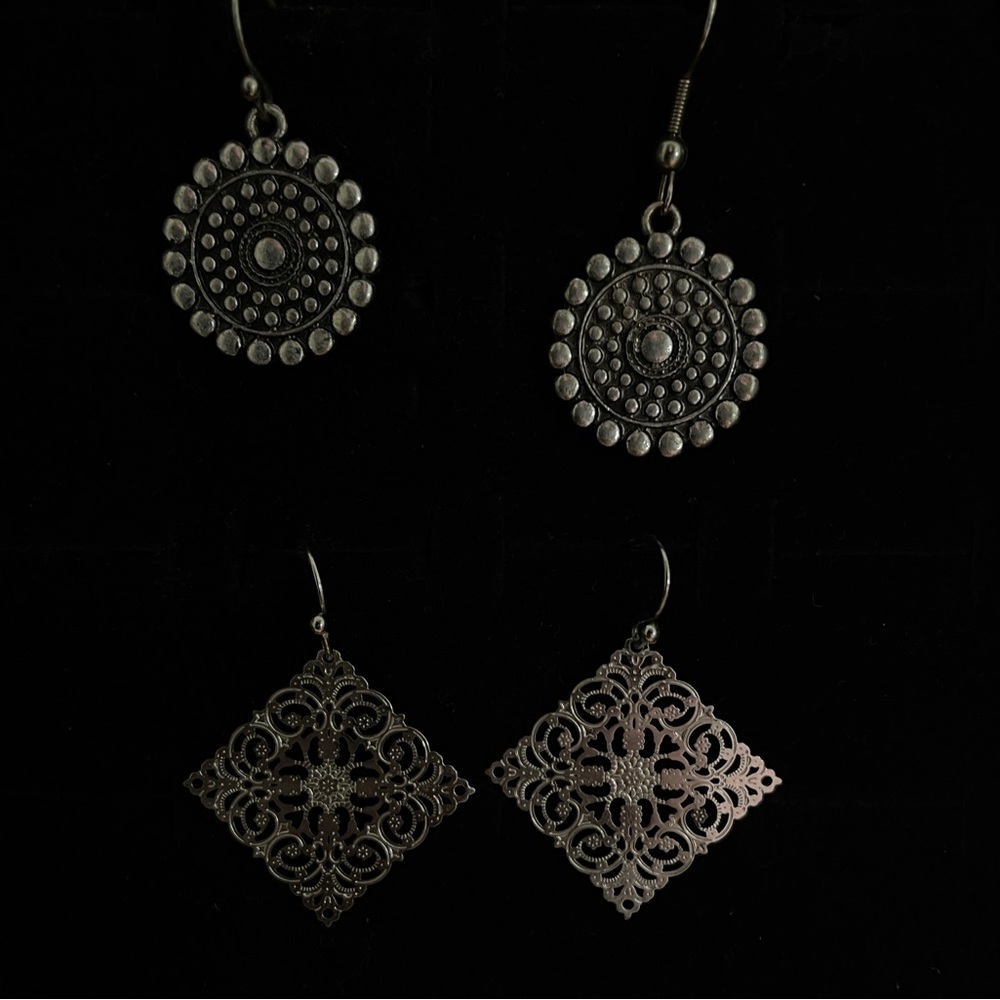 Mixed Metal Filigree and Medallion Drop Earrings Set